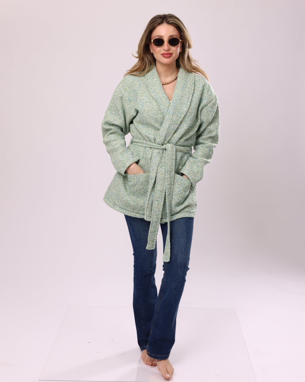 Green Tweed Oversized Wrap Jacket