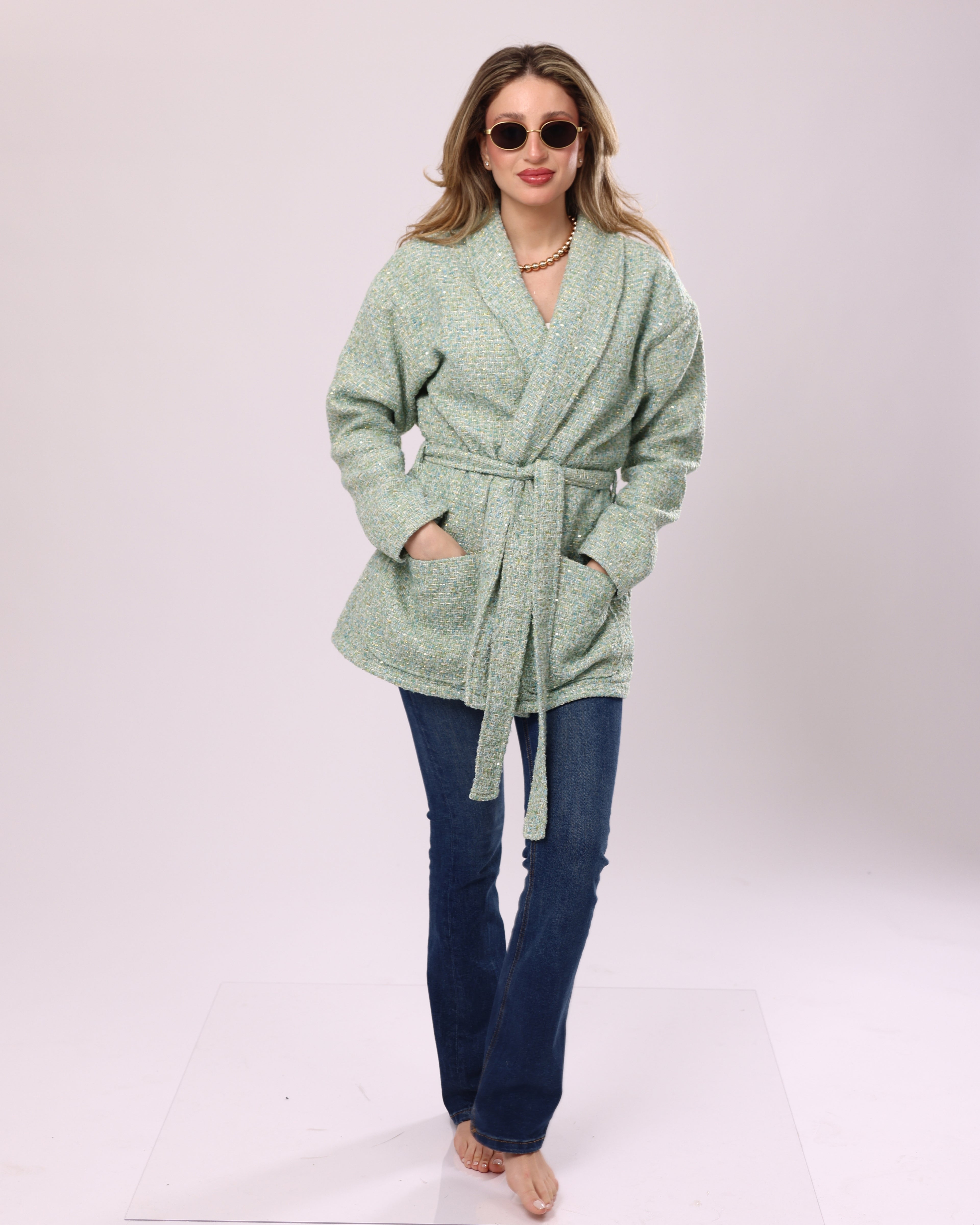Green Tweed Oversized Wrap Jacket