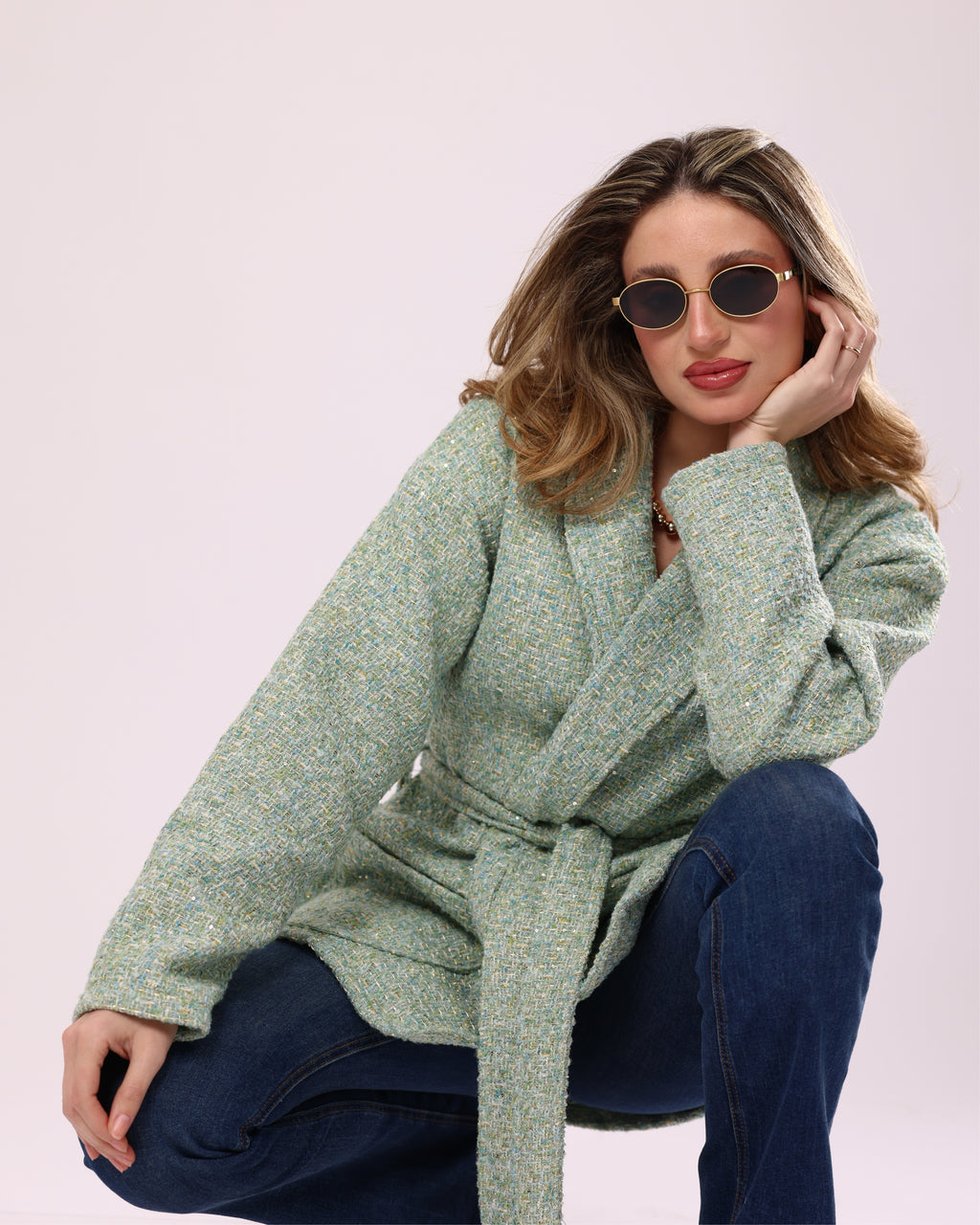 Green Tweed Oversized Wrap Jacket