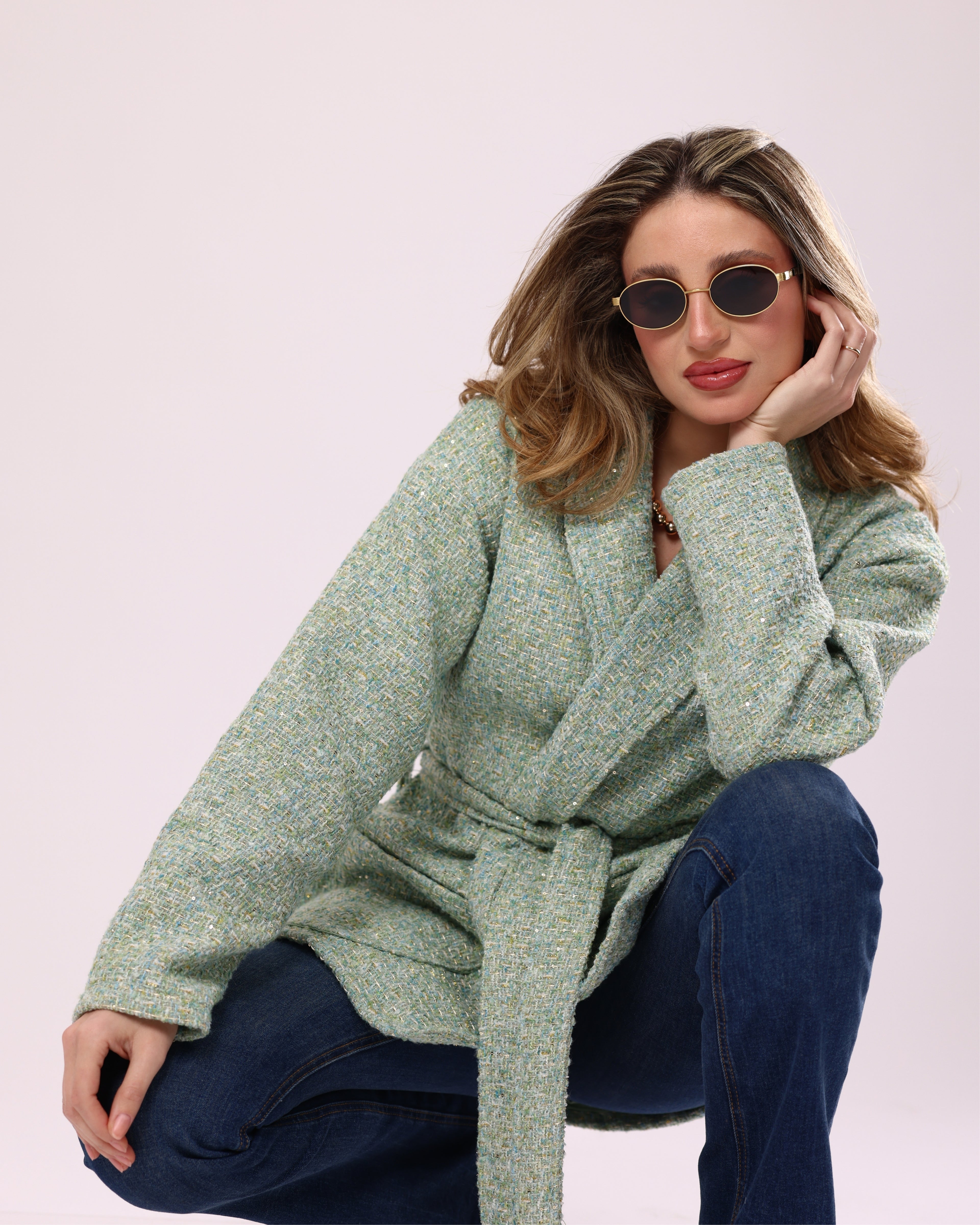 Green Tweed Oversized Wrap Jacket