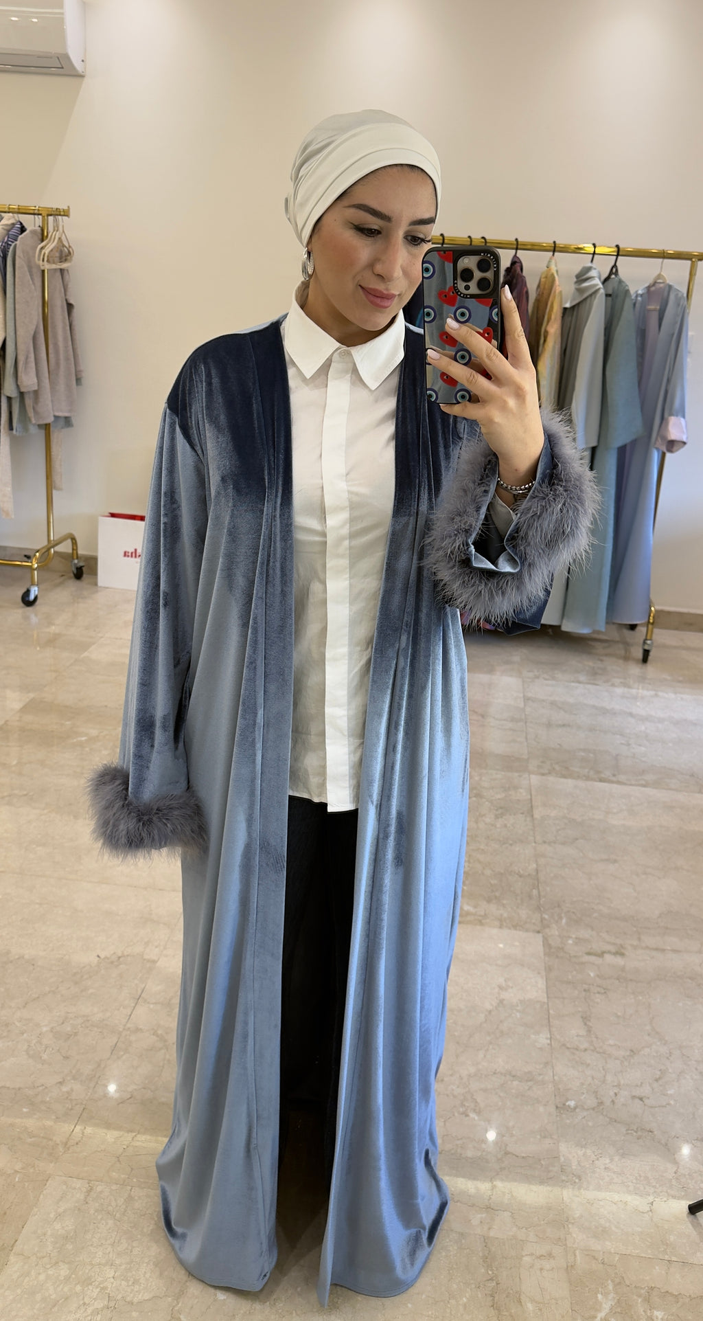 Velvet Luxe Feather Abaya – Steel Blue