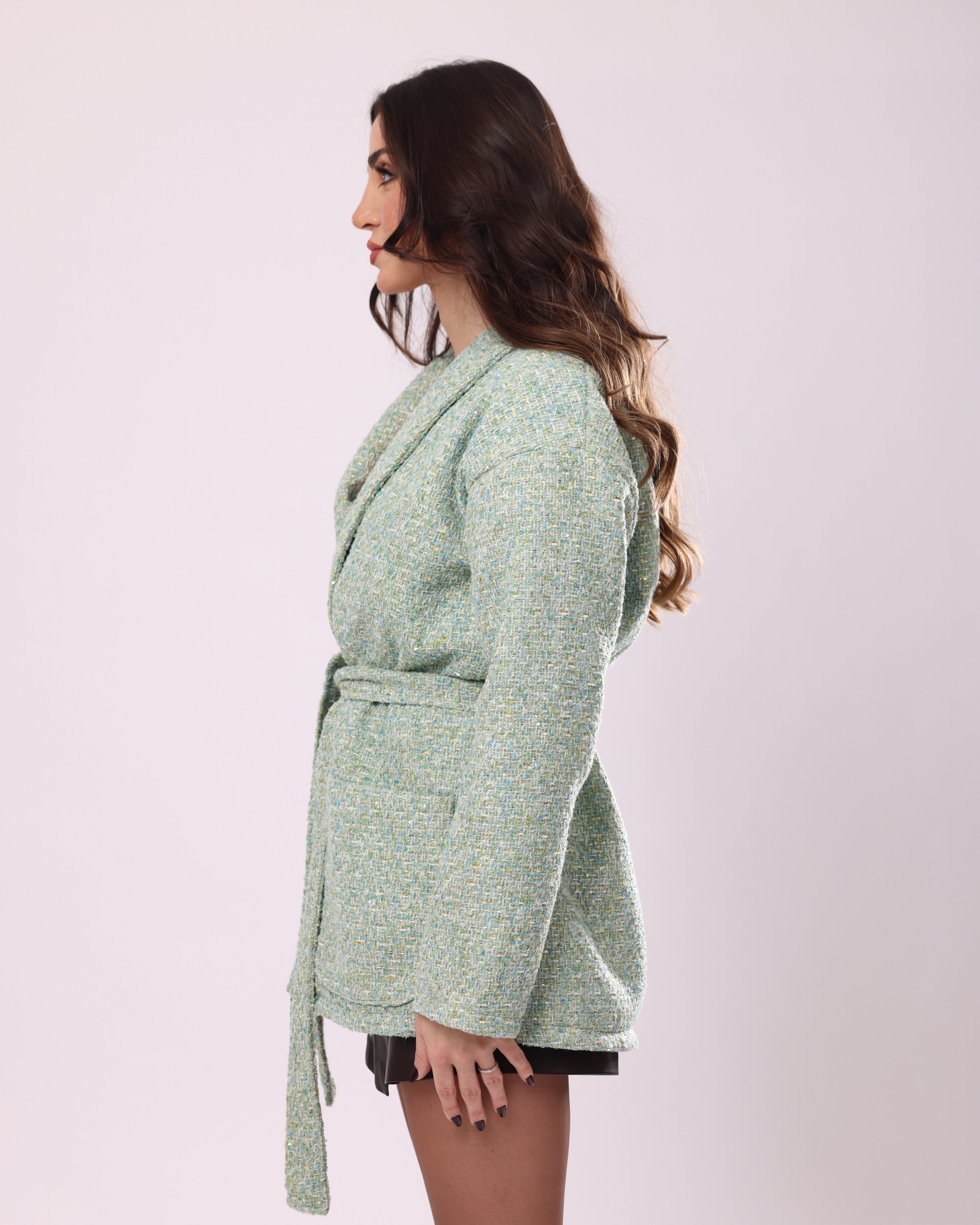 Green Tweed Oversized Wrap Jacket