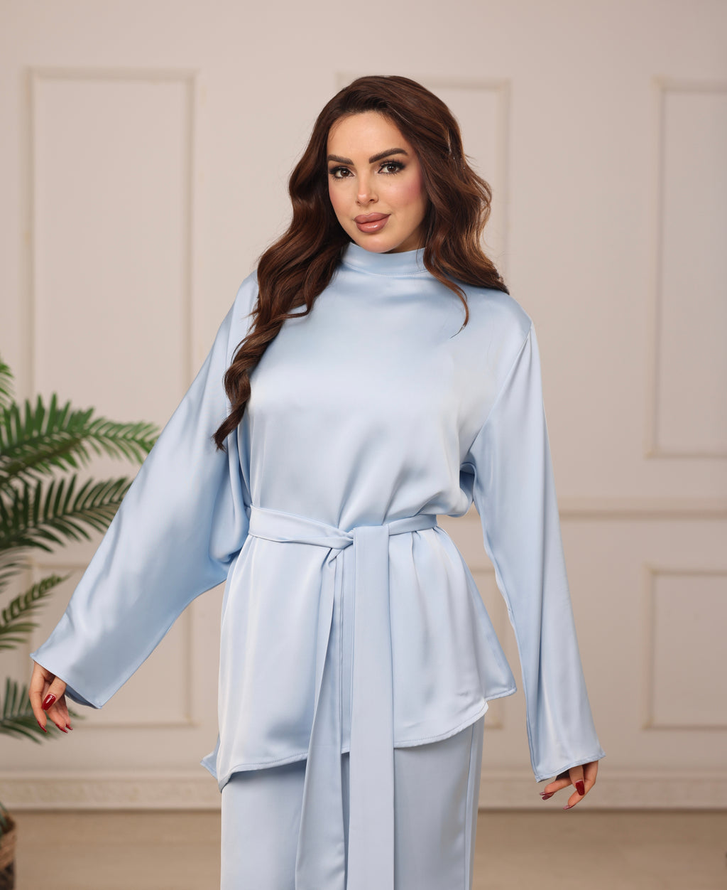 Satin Asymmetry Two-Piece Set in Ice Blue