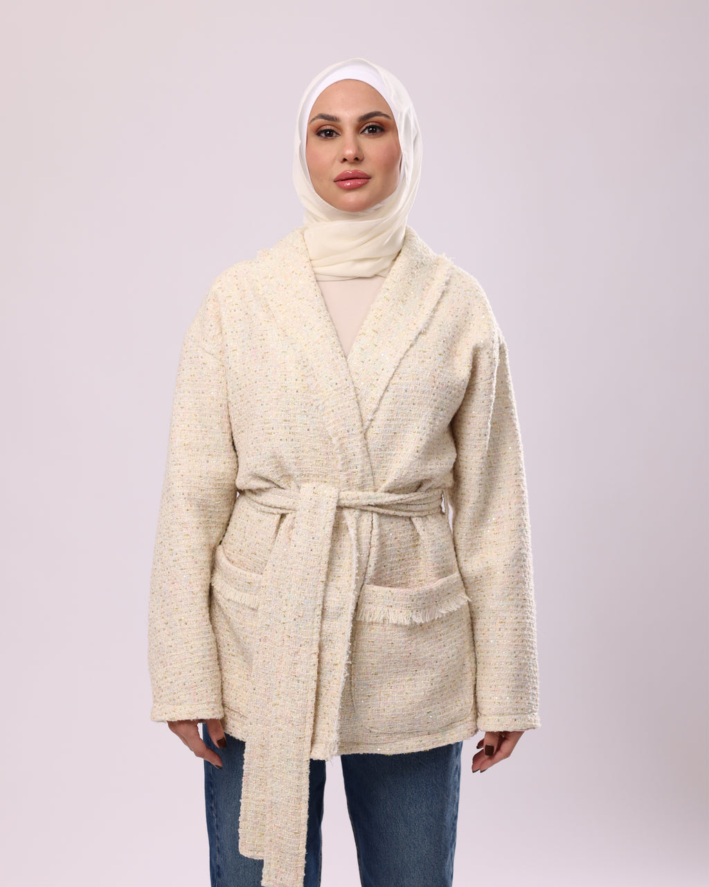 Cream Tweed Oversized Wrap Jacket