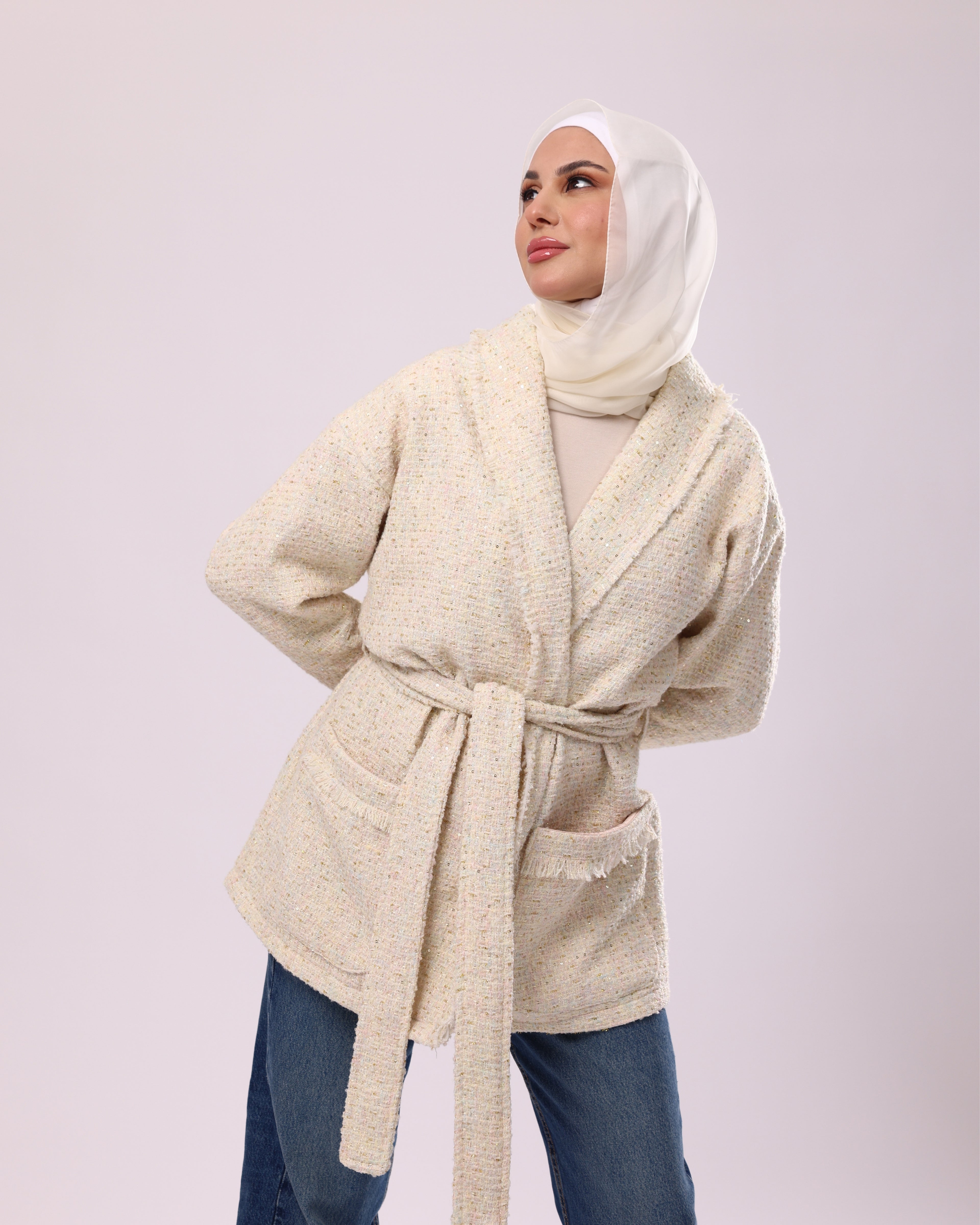 Cream Tweed Oversized Wrap Jacket
