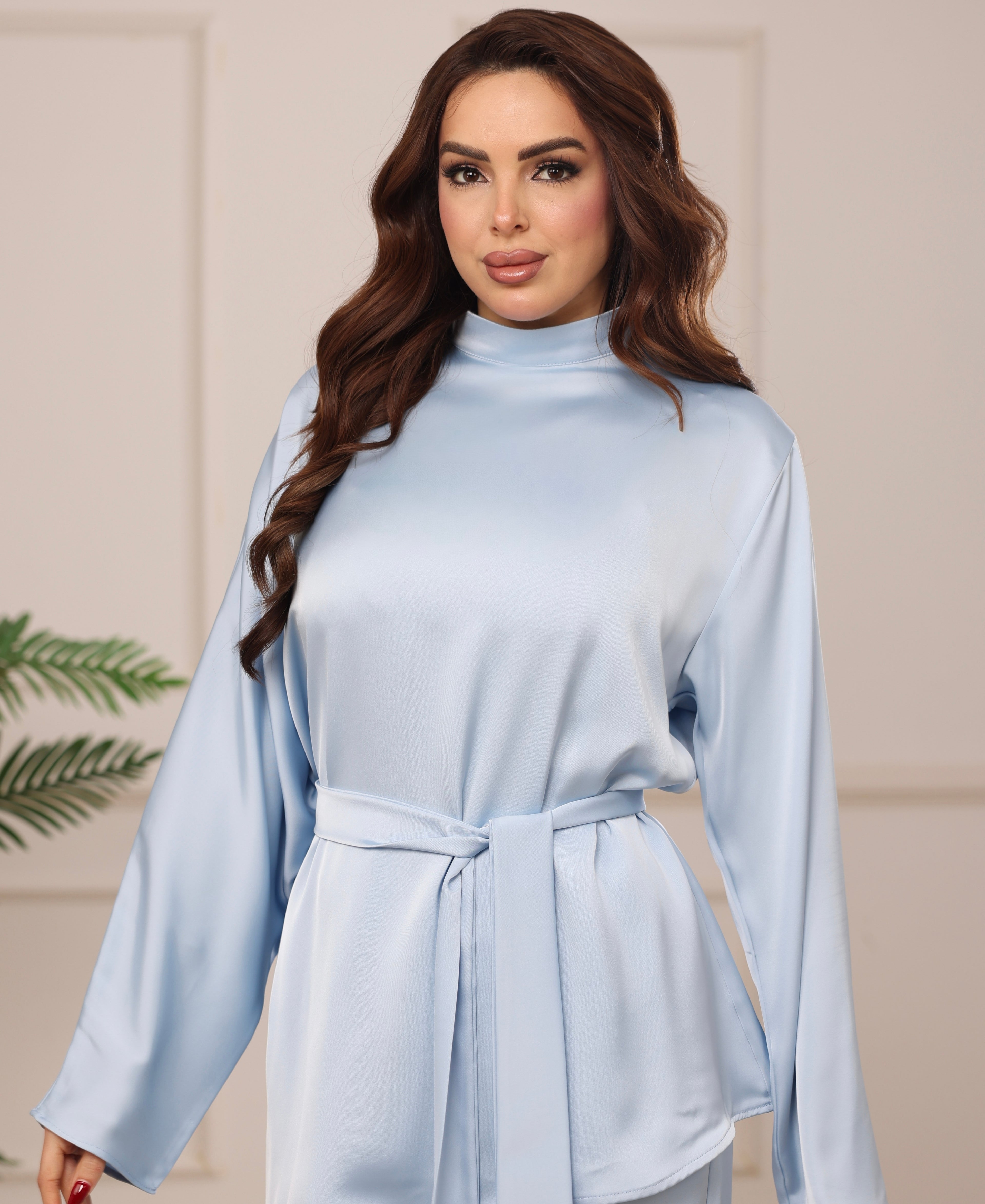 Satin Asymmetry Two-Piece Set in Ice Blue