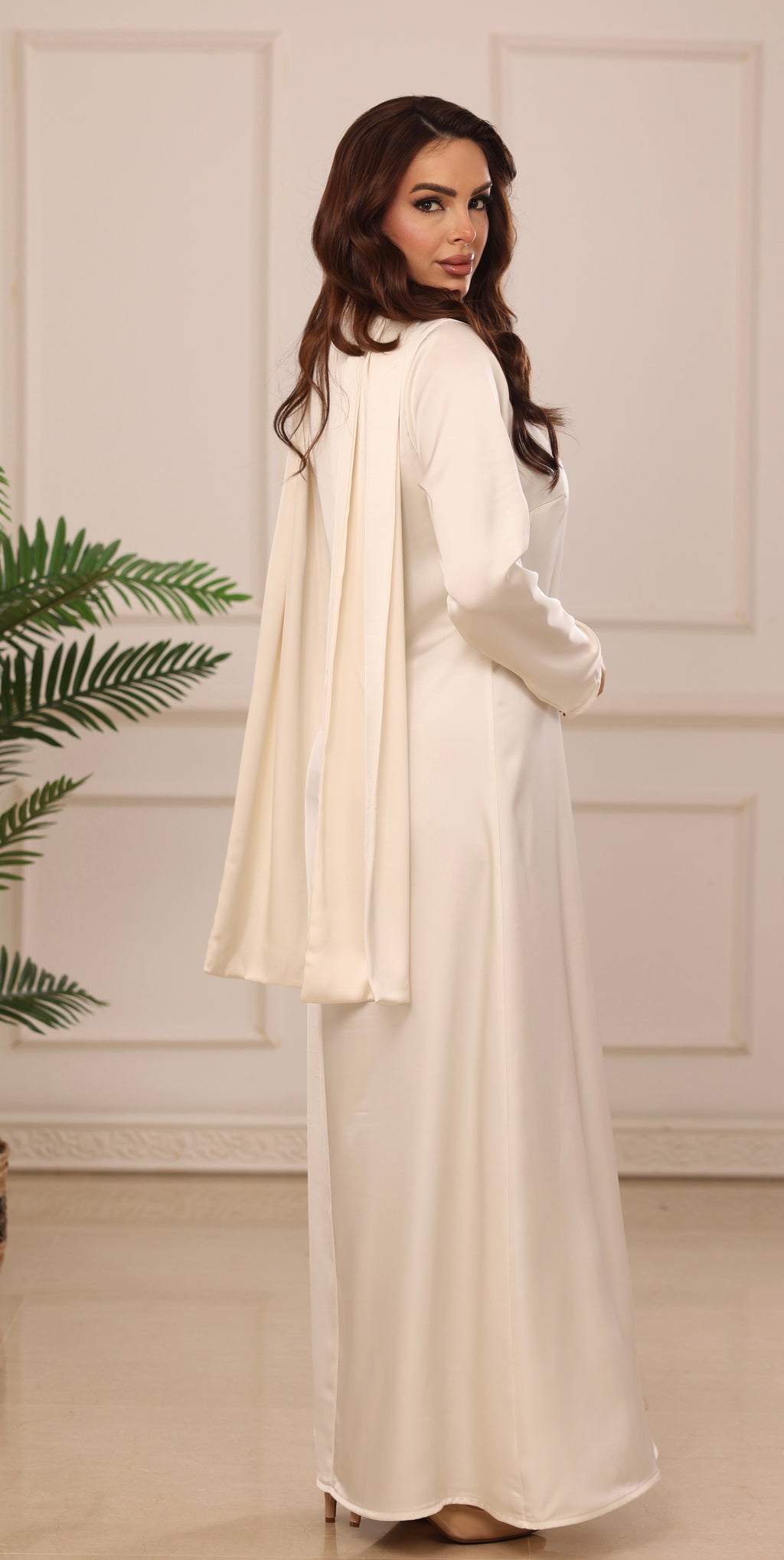 Long Sleeve OffWhite Satin Dress