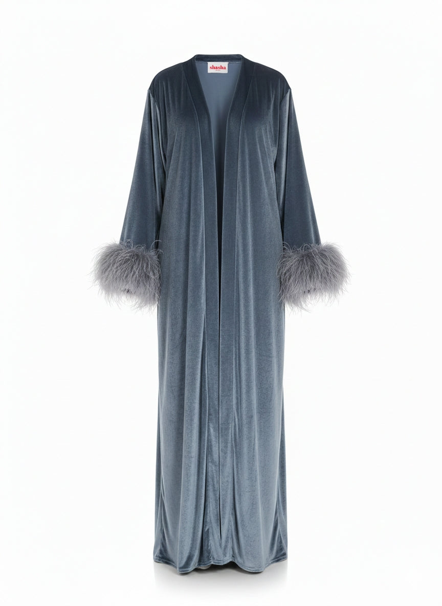 Velvet Luxe Feather Abaya – Steel Blue